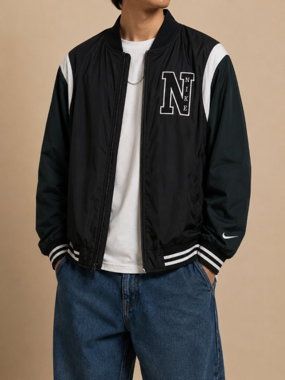 Nike‎ Varsity Style Bomber Jacket Black Athletic Logo Jacket (Men’s L)